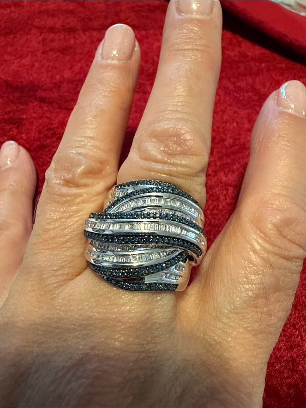 New natural mined blue& white diamond sterling silver Multi-Row Ring  8 high-end